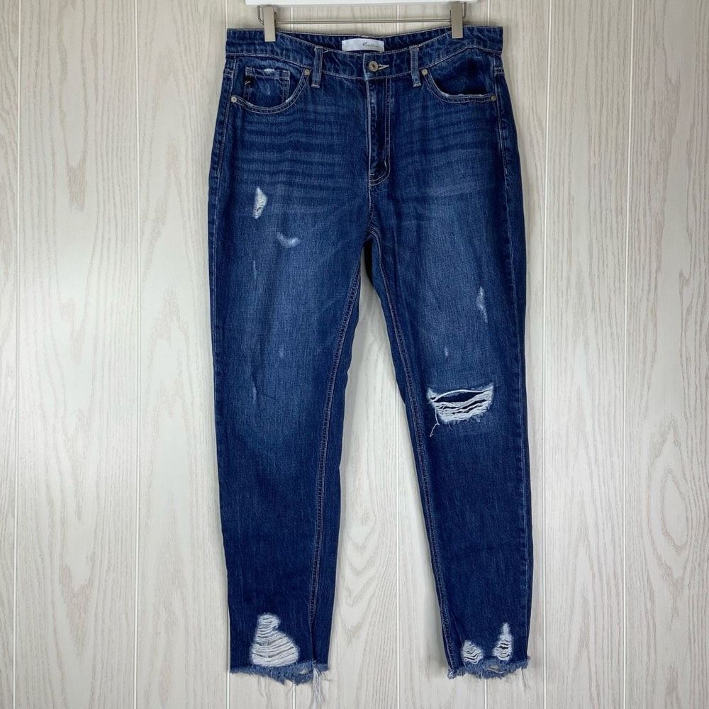 KanCan Women's Blue Distressed Frayed Hem Boyfriend High Rise Denim Jeans 11/29